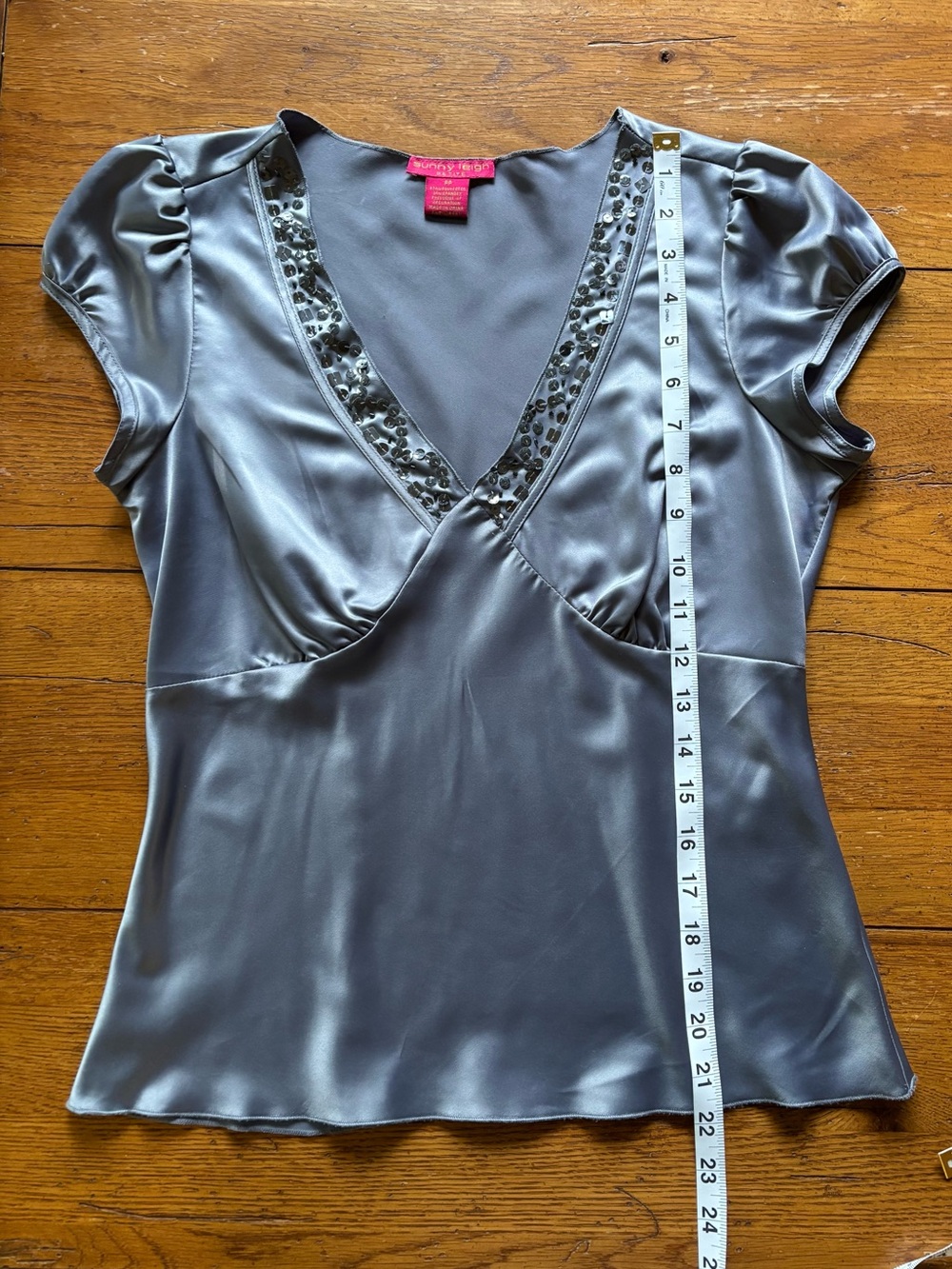 Sunny Leigh Silky Blue Gray V-Neck Blouse with Sequin Trim